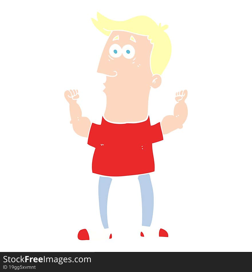 Flat Color Illustration Of A Cartoon Surprised Man Flexing Biceps