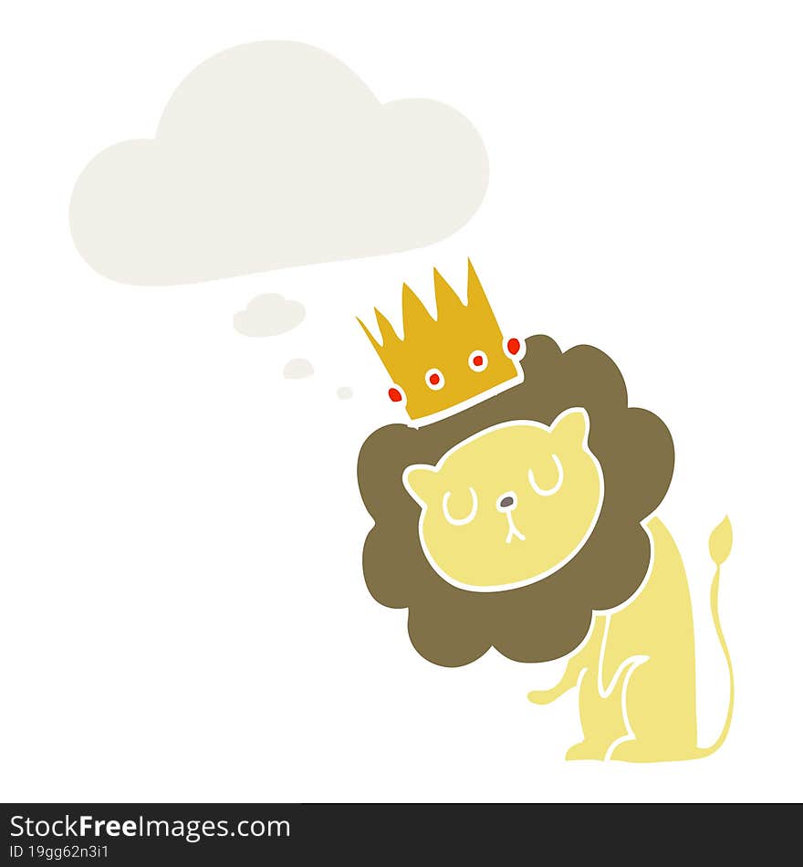 cartoon lion with crown and thought bubble in retro style