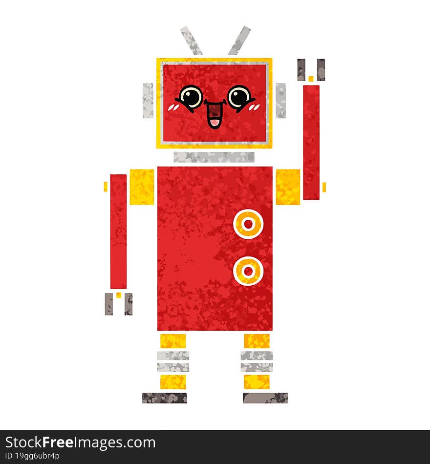 retro illustration style cartoon happy robot