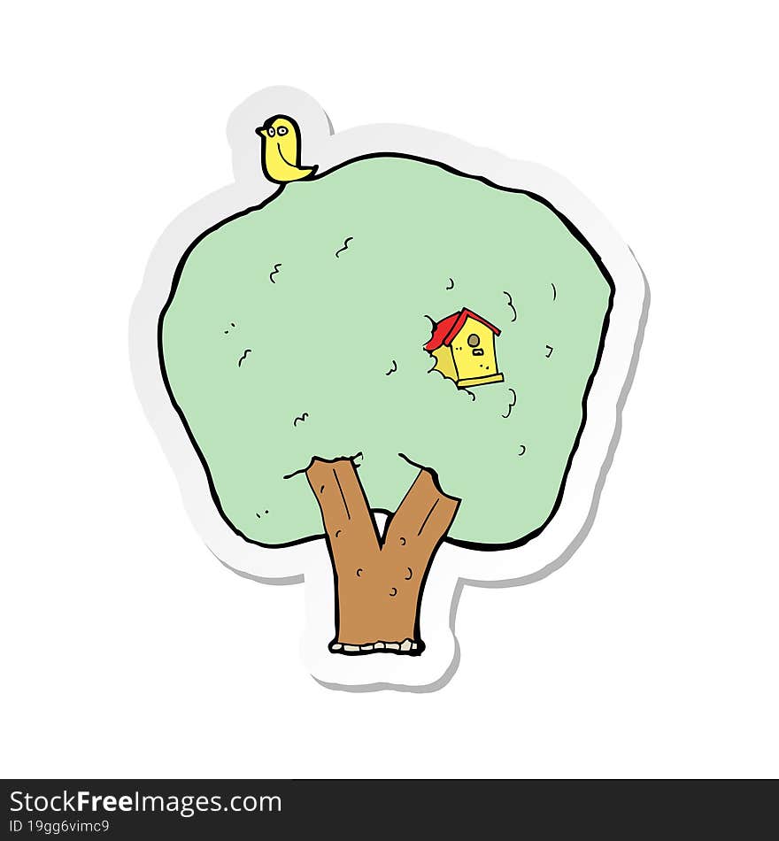 sticker of a cartoon tree with birdhouse