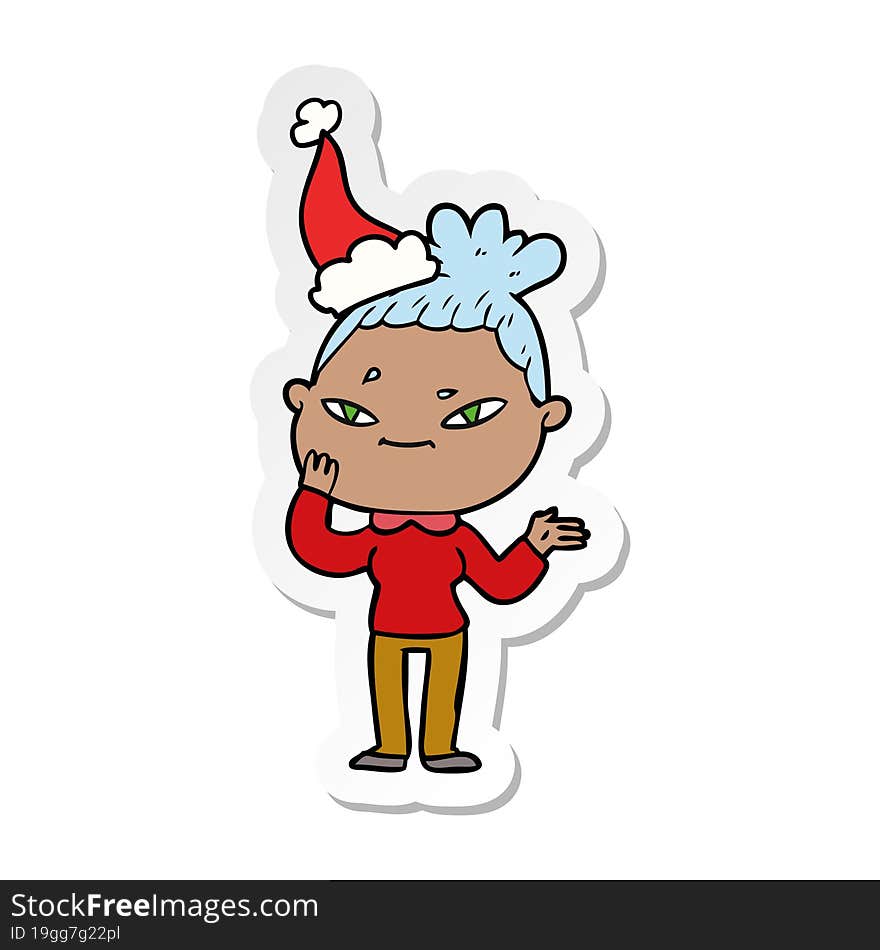 hand drawn sticker cartoon of a woman wearing santa hat