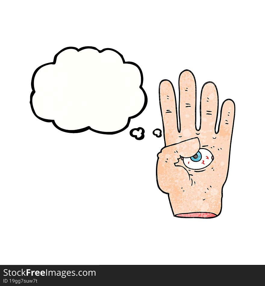 freehand drawn thought bubble textured cartoon spooky hand with eyeball