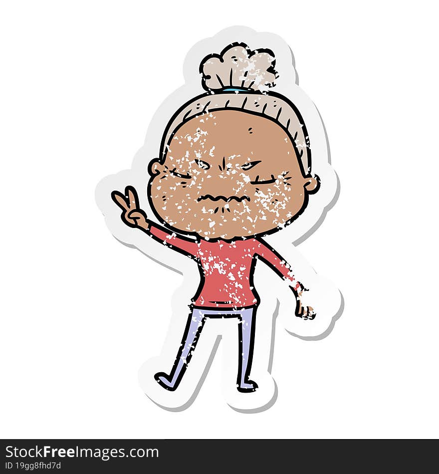 distressed sticker of a cartoon annoyed old lady