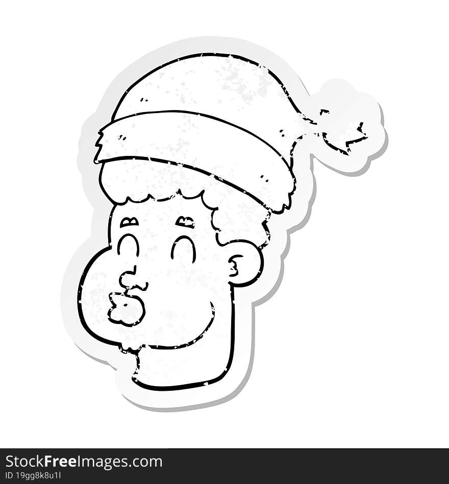 distressed sticker of a cartoon man wearing christmas hat