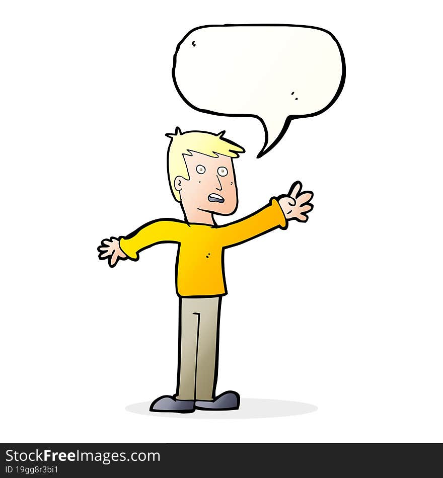 cartoon worried man reaching with speech bubble