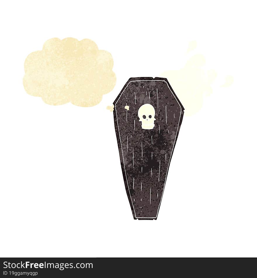 spooky cartoon coffin with thought bubble