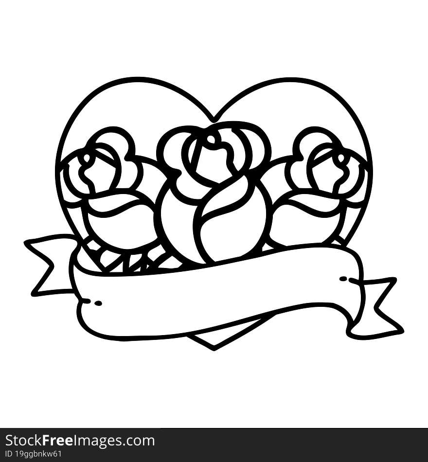 black line tattoo of a heart and banner with flowers