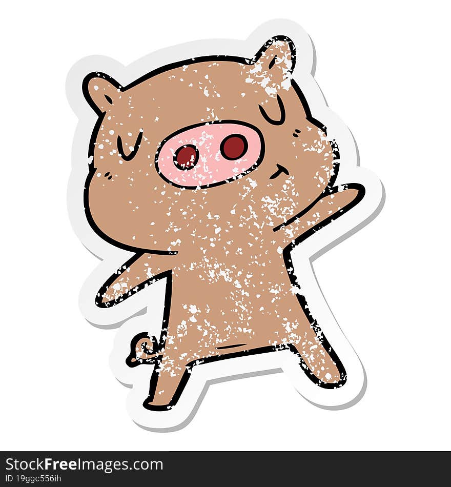 distressed sticker of a cartoon content pig