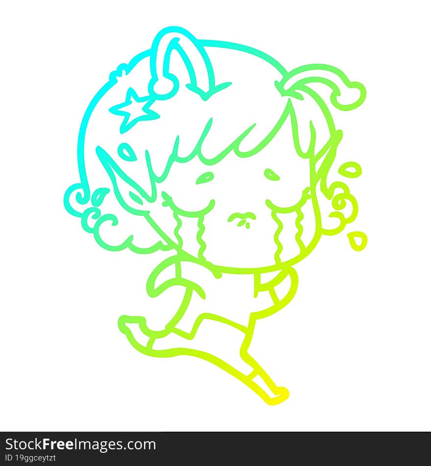 cold gradient line drawing cartoon crying alien girl