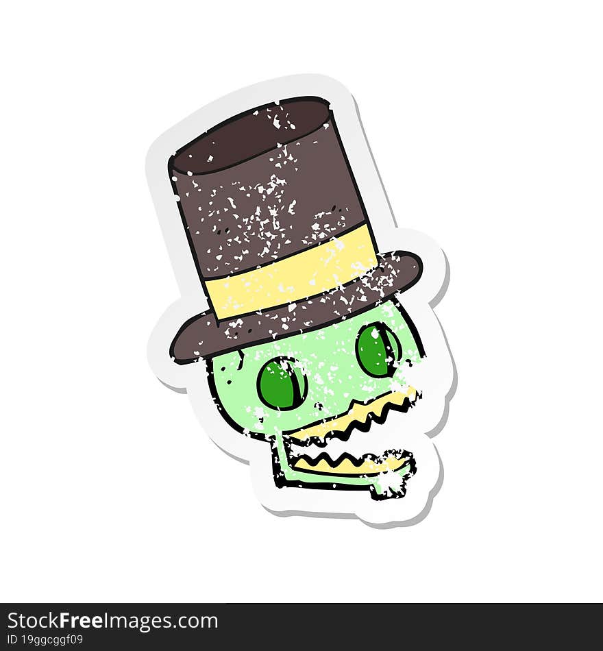 retro distressed sticker of a cartoon laughing skull in top hat