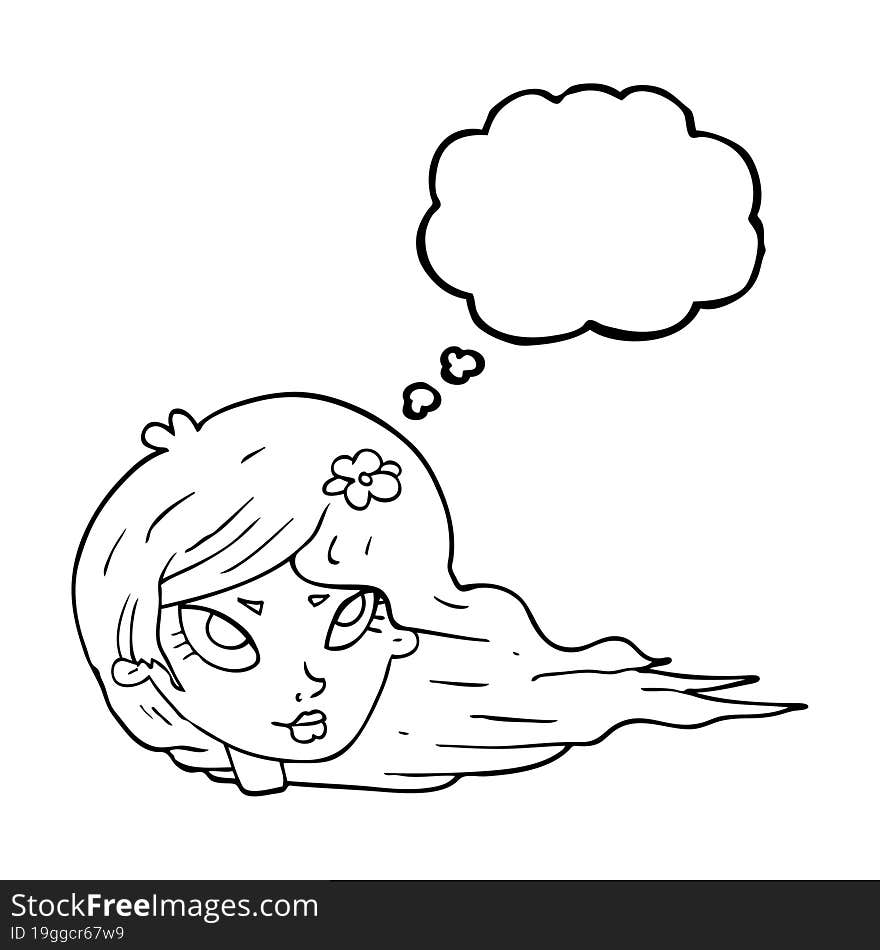 freehand drawn thought bubble cartoon woman with blowing hair