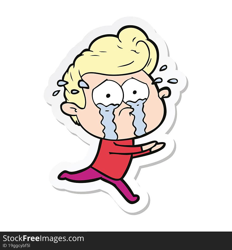 sticker of a cartoon crying man running