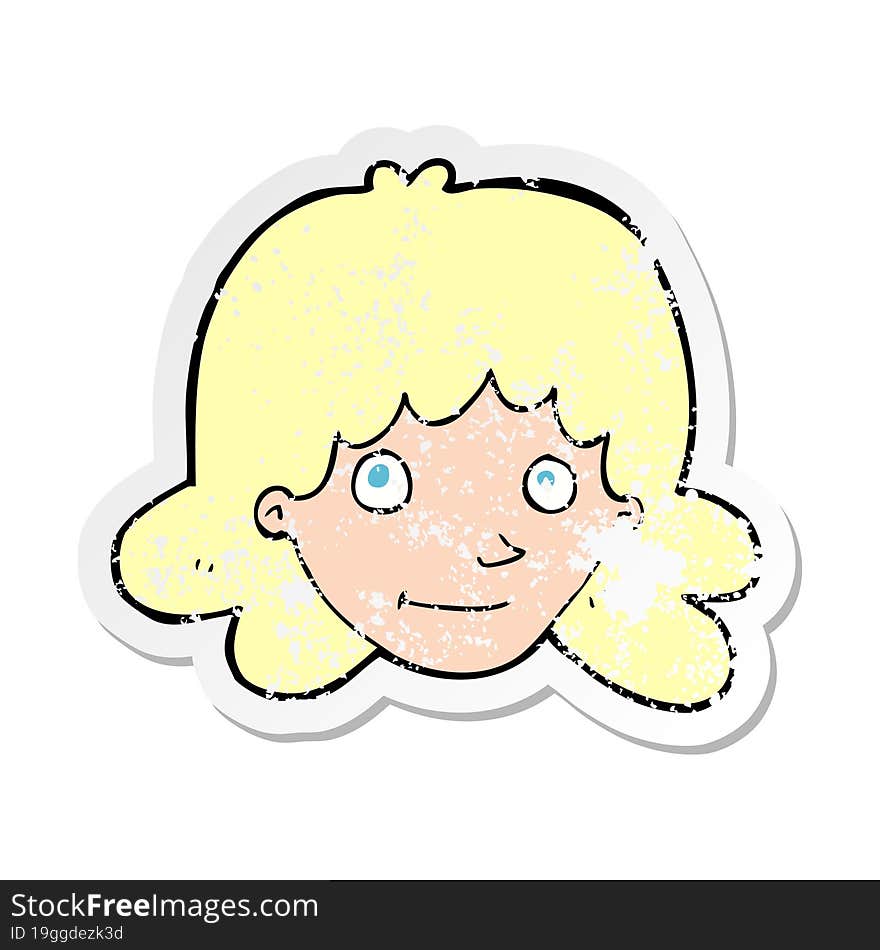 retro distressed sticker of a cartoon happy female face