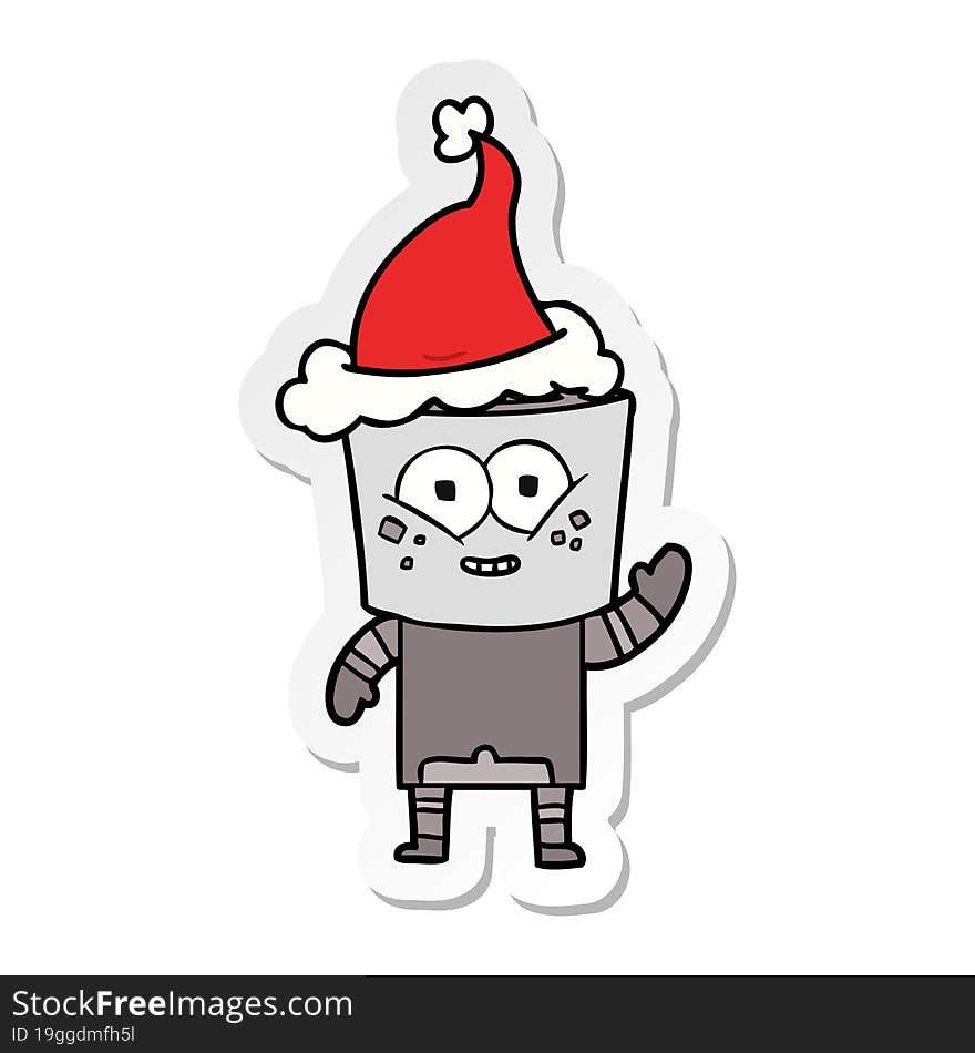 happy hand drawn sticker cartoon of a robot waving hello wearing santa hat. happy hand drawn sticker cartoon of a robot waving hello wearing santa hat