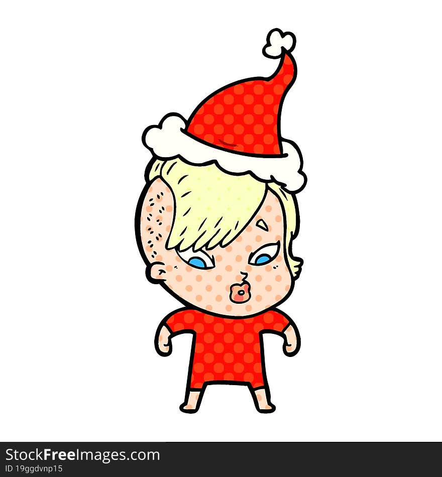 comic book style illustration of a surprised girl wearing santa hat