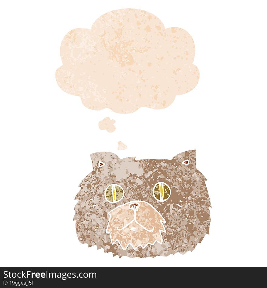 cartoon cat face and thought bubble in retro textured style