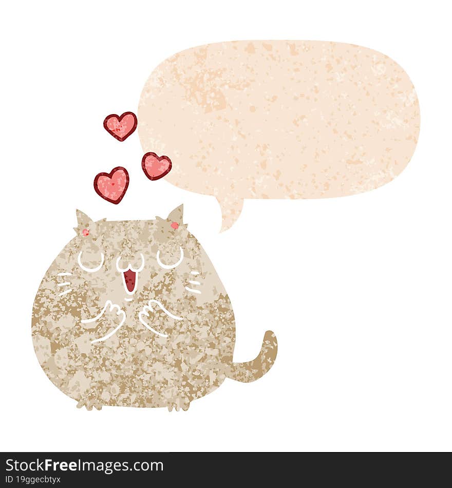 cute cartoon cat in love with speech bubble in grunge distressed retro textured style. cute cartoon cat in love with speech bubble in grunge distressed retro textured style