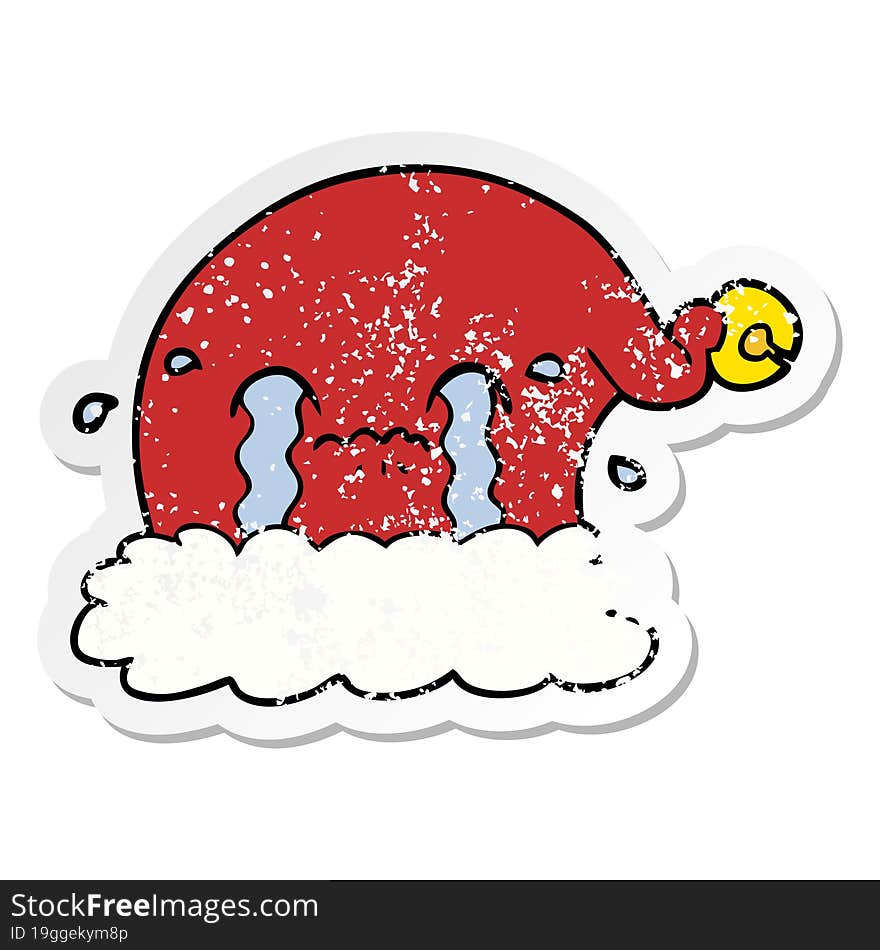 distressed sticker of a cartoon christmas santa hat crying