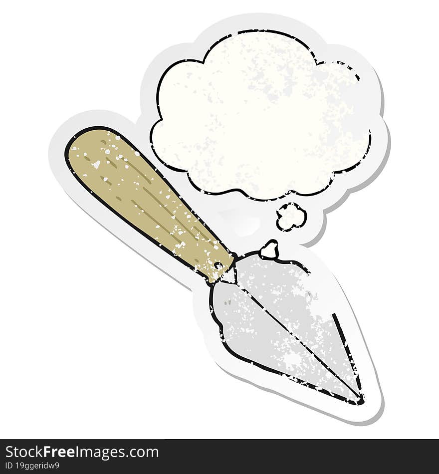 Cartoon Garden Trowel And Thought Bubble As A Distressed Worn Sticker