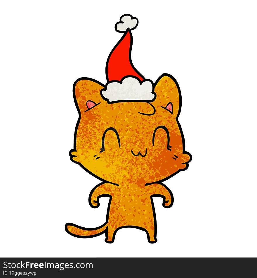 textured cartoon of a happy cat wearing santa hat