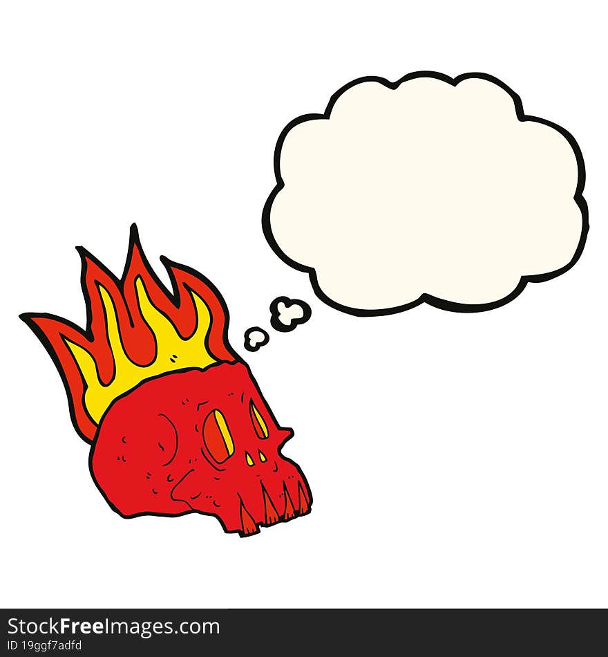 cartoon flaming skull with thought bubble