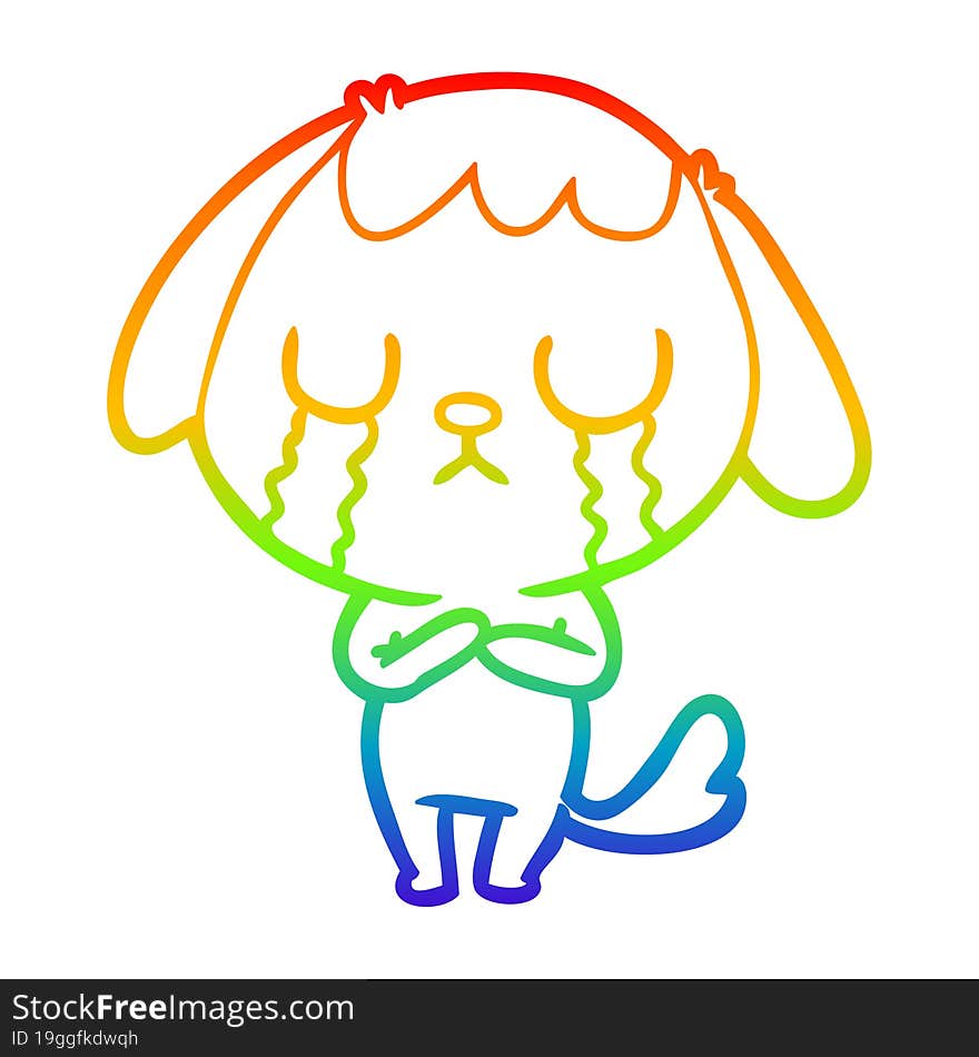 rainbow gradient line drawing of a cute cartoon dog crying