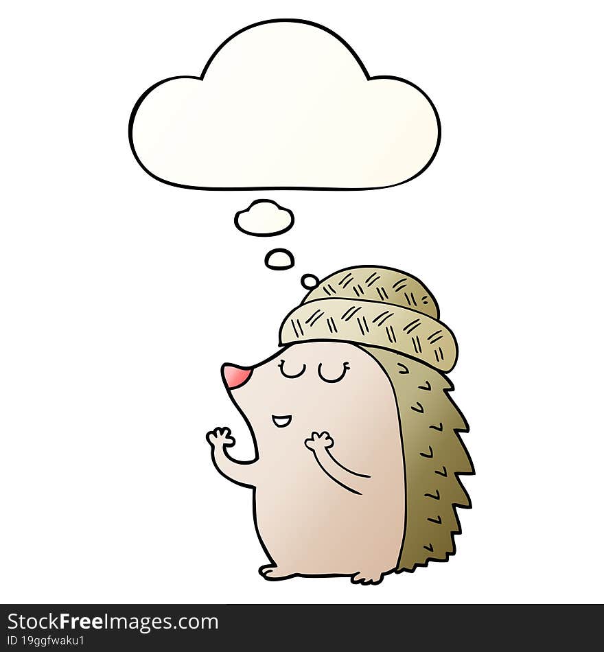 cartoon hedgehog wearing hat and thought bubble in smooth gradient style