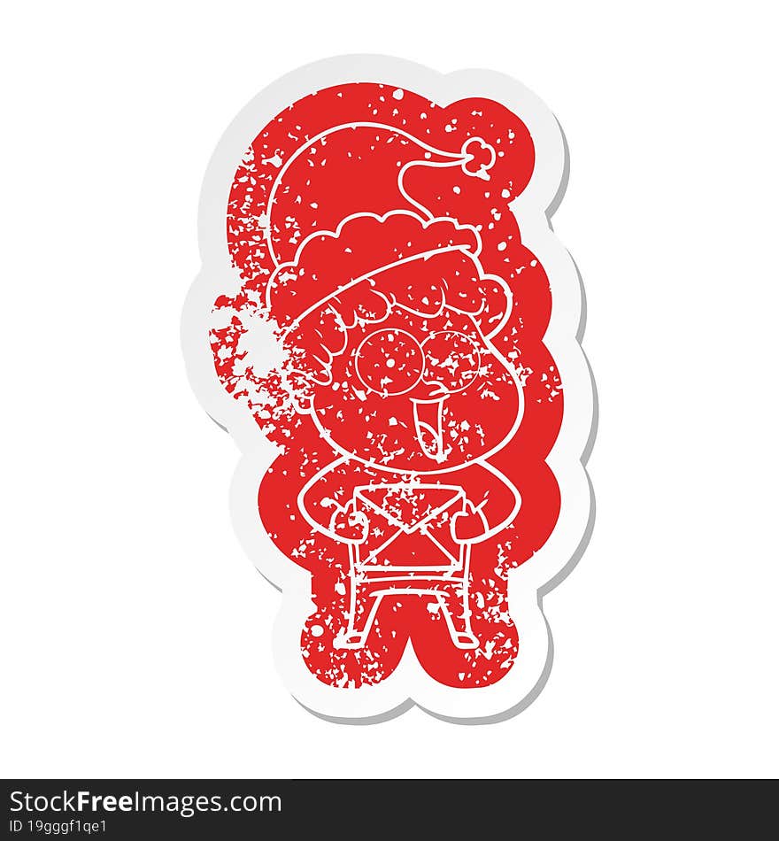 quirky cartoon distressed sticker of a happy man wearing santa hat