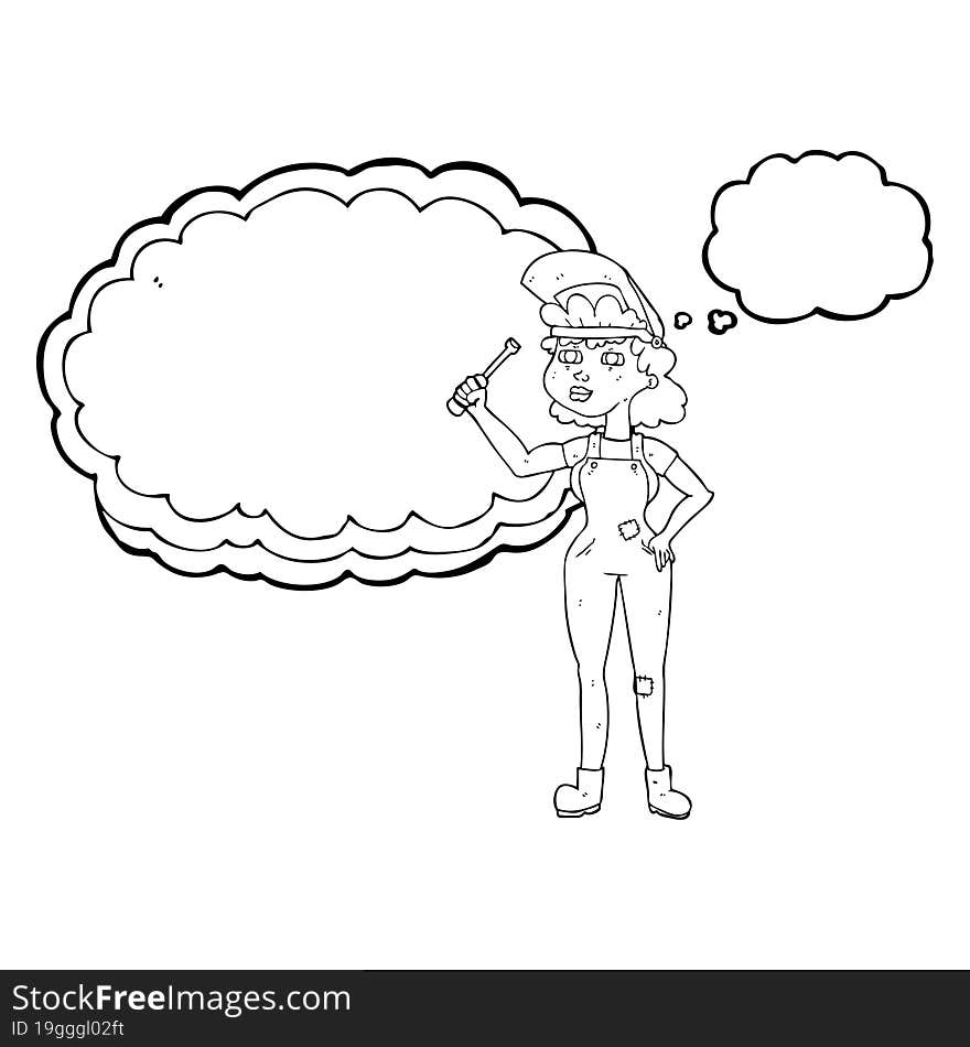 freehand drawn thought bubble cartoon female mechanic