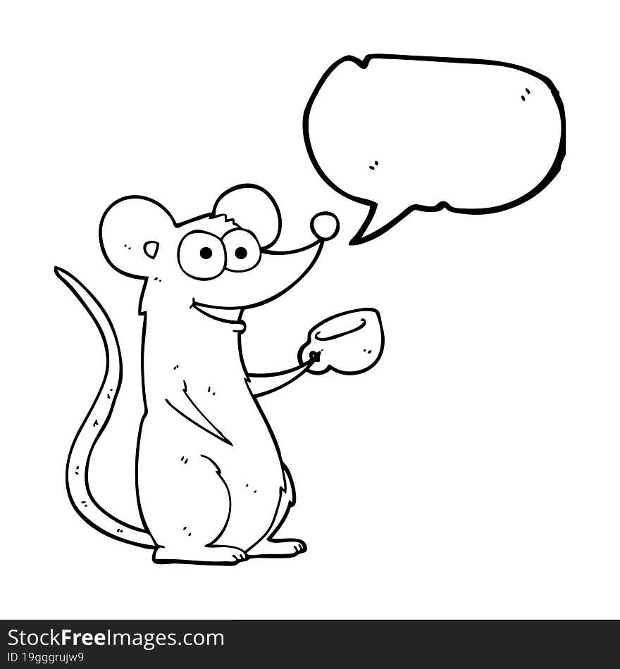 freehand drawn speech bubble cartoon mouse with cup of tea