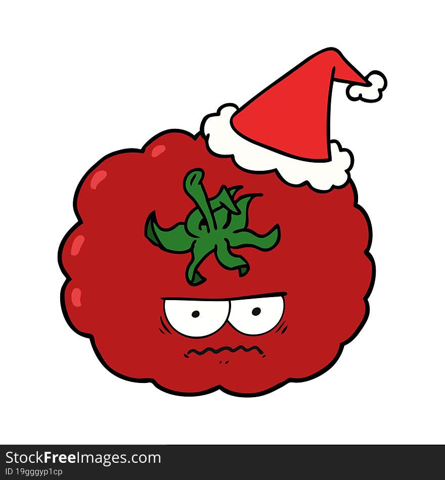 hand drawn line drawing of a angry tomato wearing santa hat