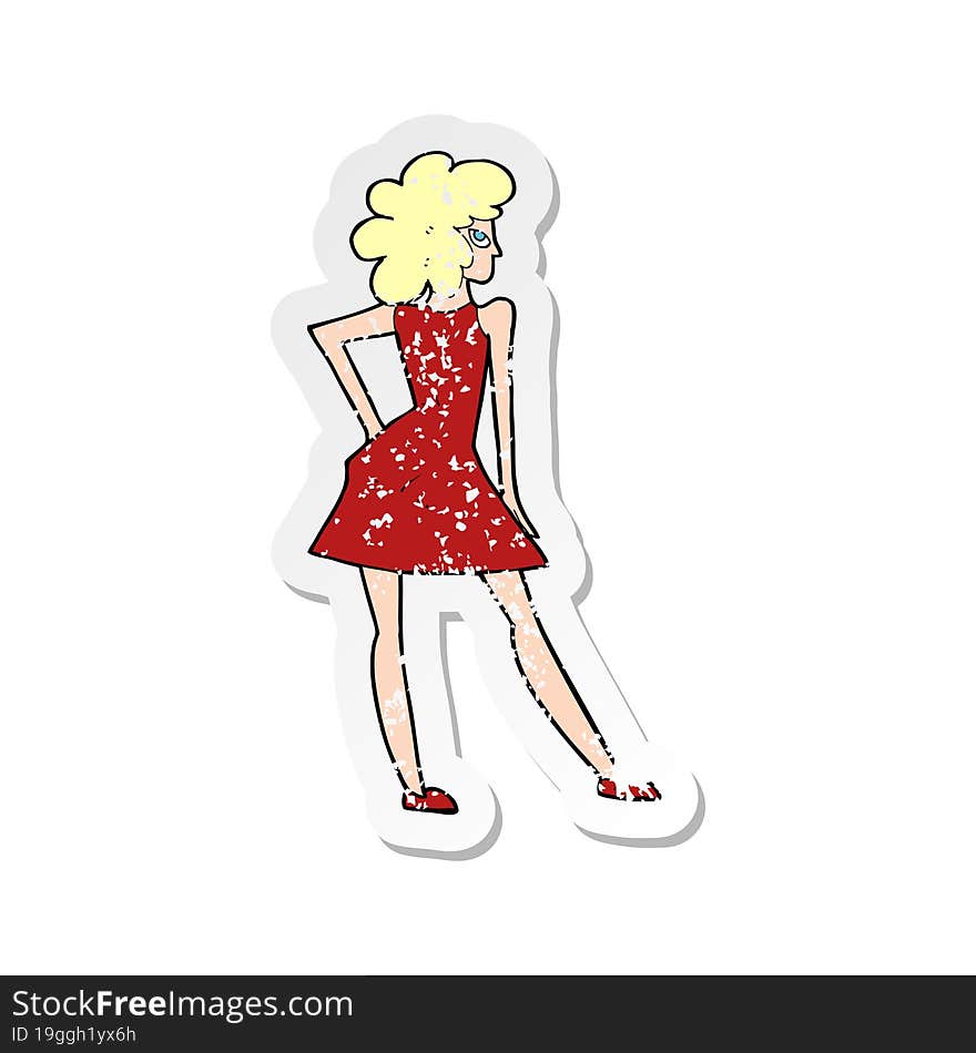 Retro Distressed Sticker Of A Cartoon Woman Posing In Dress