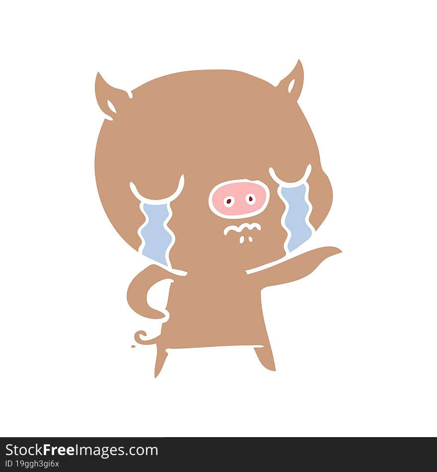 flat color style cartoon pig crying pointing