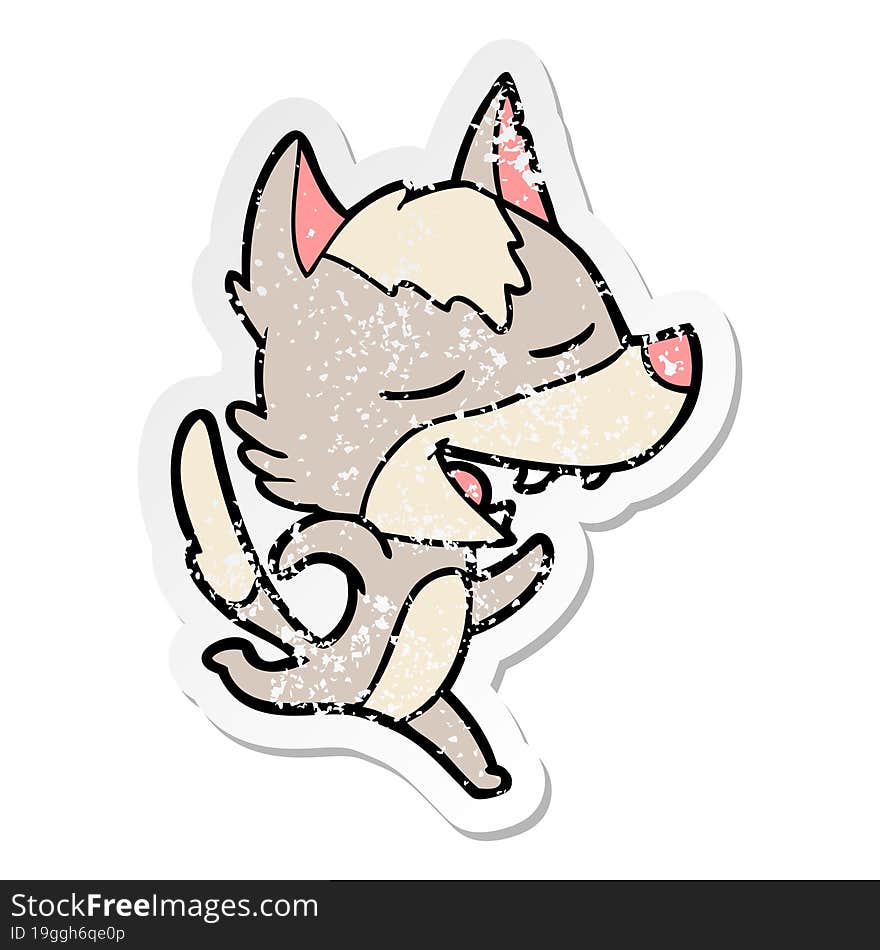 distressed sticker of a cartoon running wolf laughing