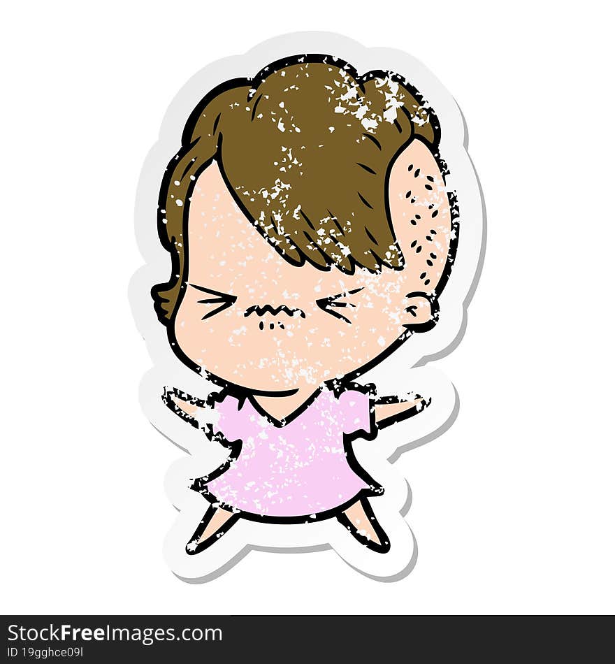 Distressed Sticker Of A Cartoon Annoyed Hipster Girl