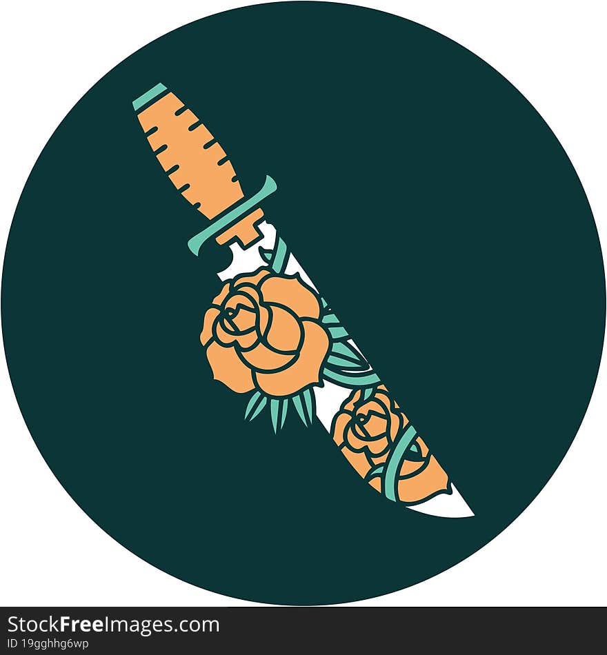 tattoo style icon of a dagger and flowers