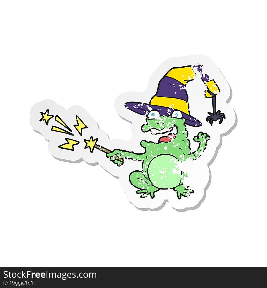 retro distressed sticker of a cartoon toad casting spell