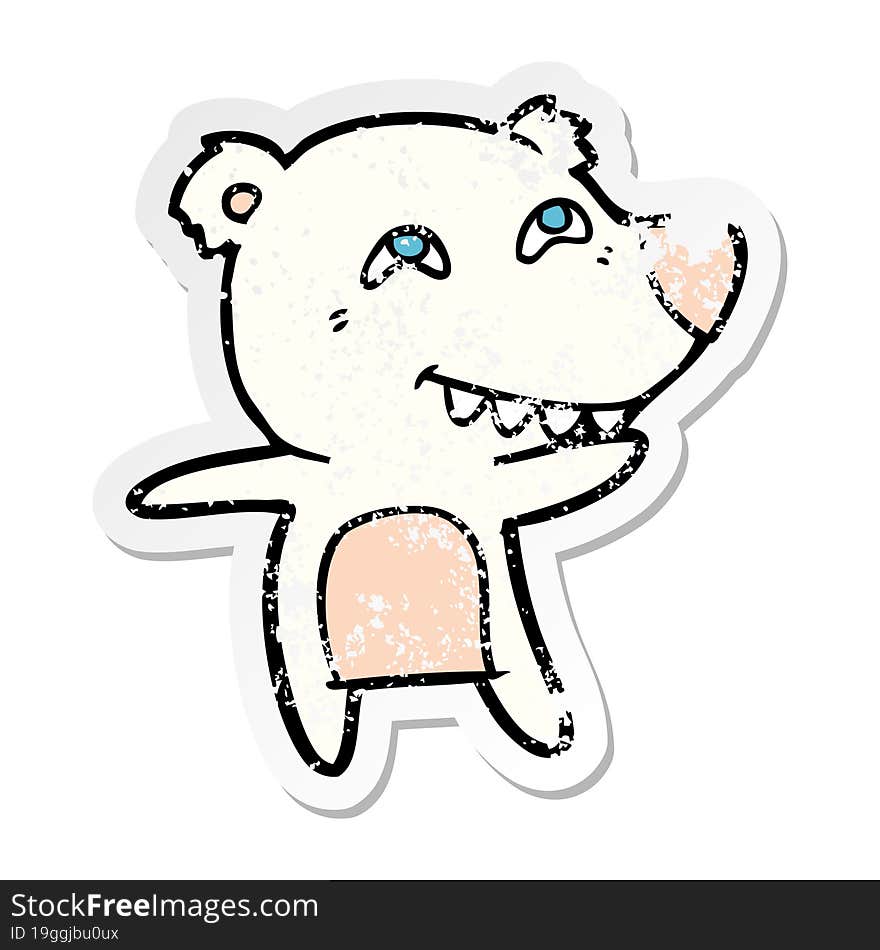 distressed sticker of a cartoon polar bear showing teeth