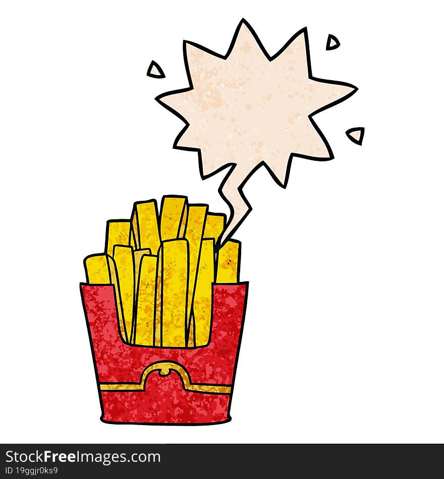 Cartoon Junk Food Fries And Speech Bubble In Retro Texture Style