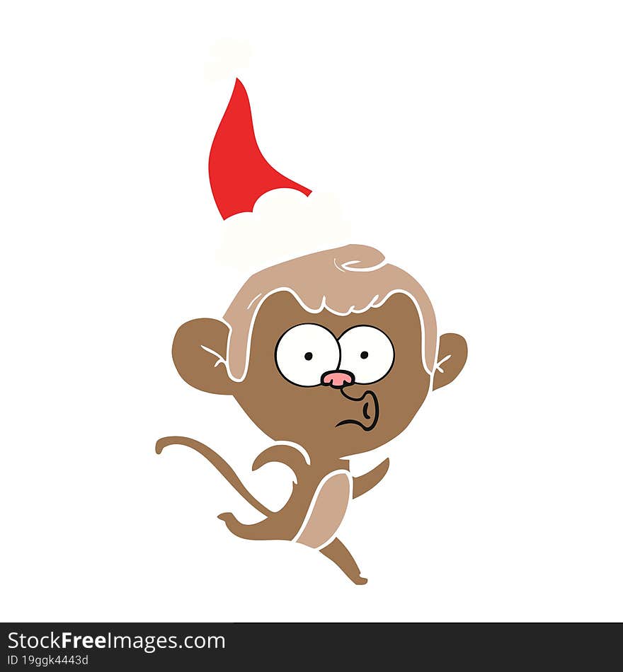 flat color illustration of a surprised monkey wearing santa hat