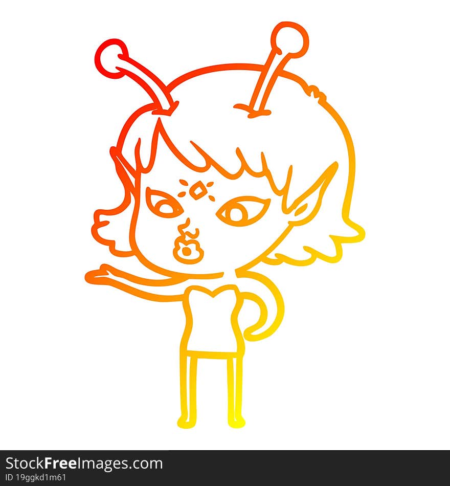 warm gradient line drawing pretty cartoon alien girl