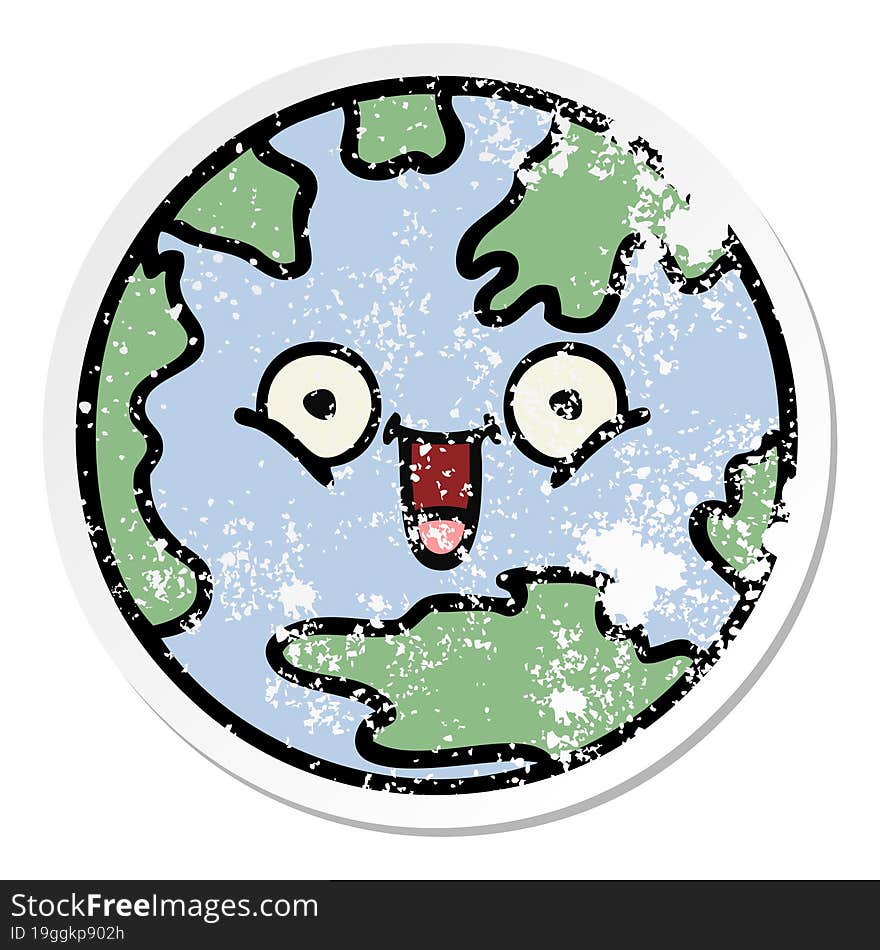 distressed sticker of a cute cartoon planet earth