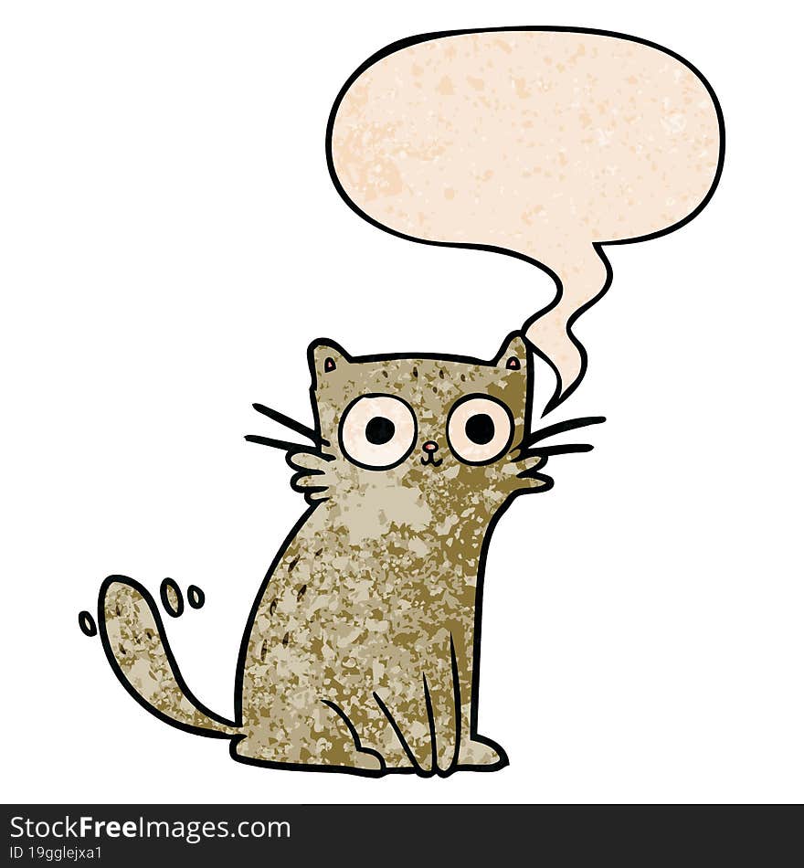 cartoon staring cat with speech bubble in retro texture style