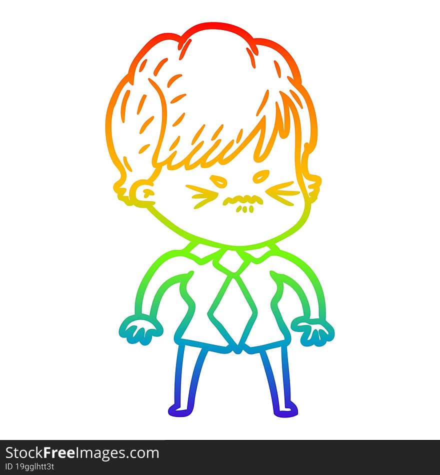 Rainbow Gradient Line Drawing Cartoon Frustrated Woman