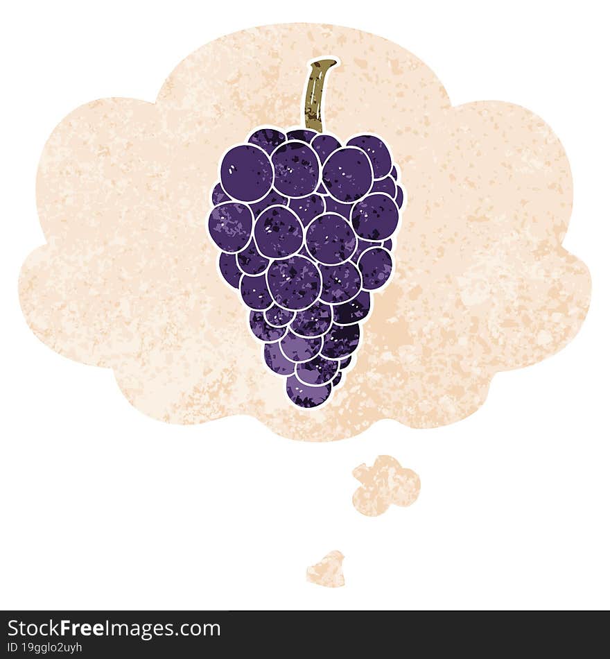 cartoon grapes and thought bubble in retro textured style