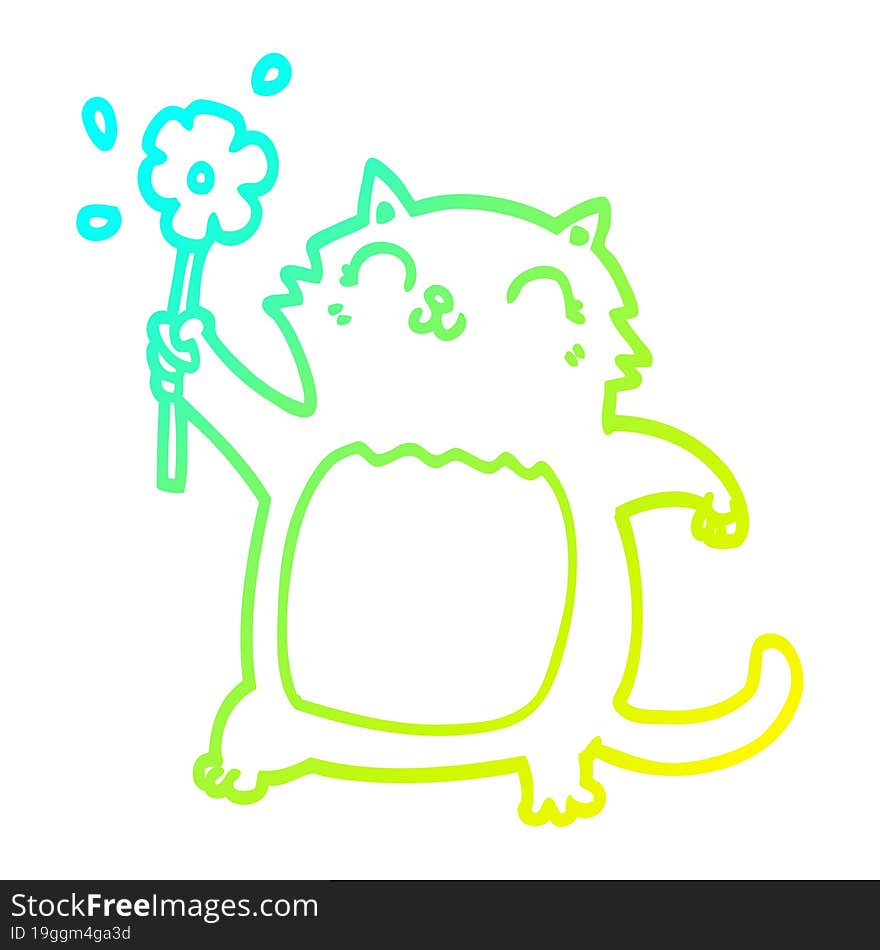 cold gradient line drawing of a cartoon cat with flower