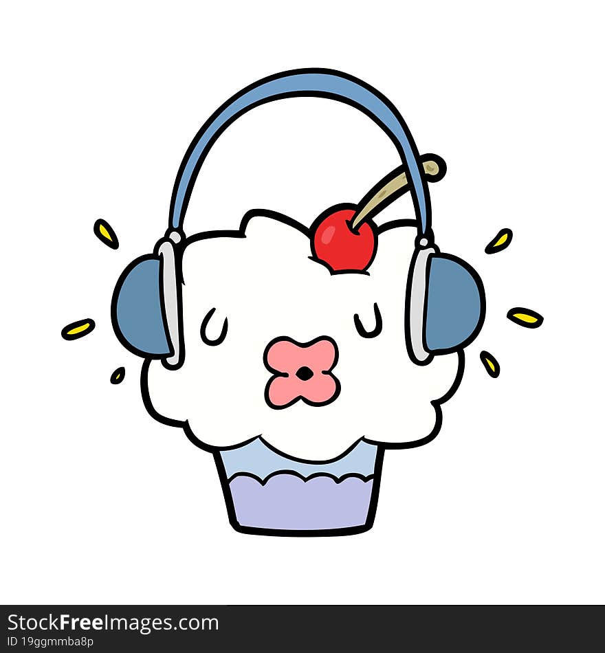 funny cartoon cupcake listening to music. funny cartoon cupcake listening to music