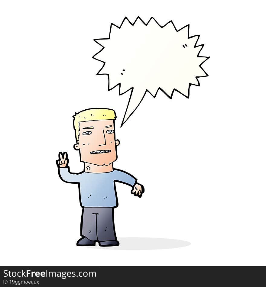 cartoon man giving peace sign with speech bubble