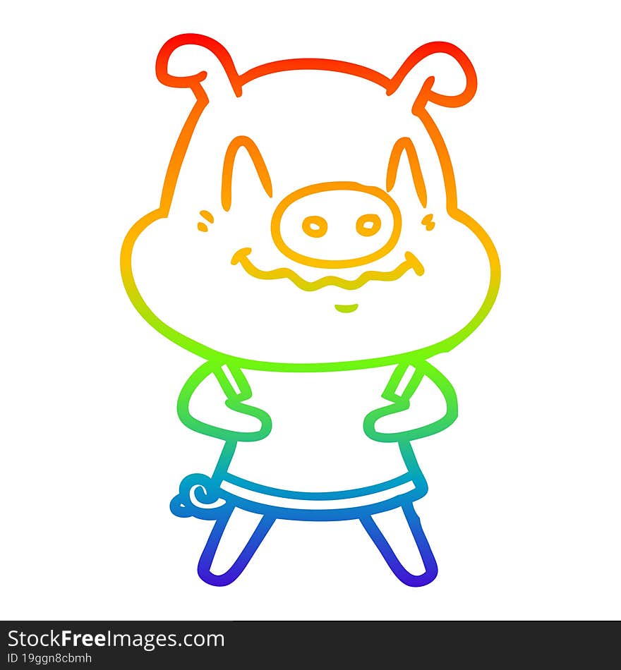 rainbow gradient line drawing of a nervous cartoon pig