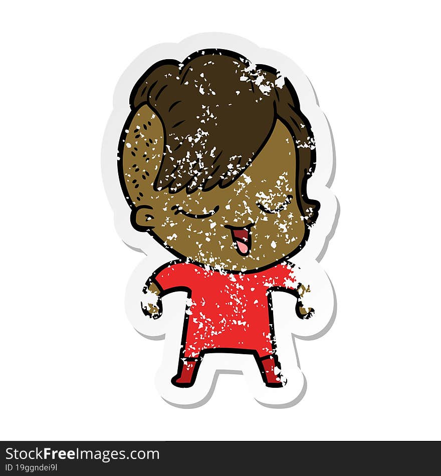 distressed sticker of a happy cartoon girl